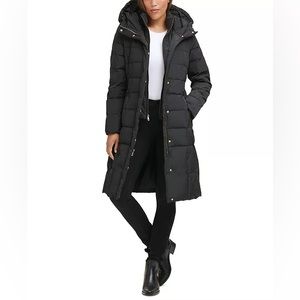 Cole Haan Women's Black Knee Length Hooded Quilted Down Coat Jacket